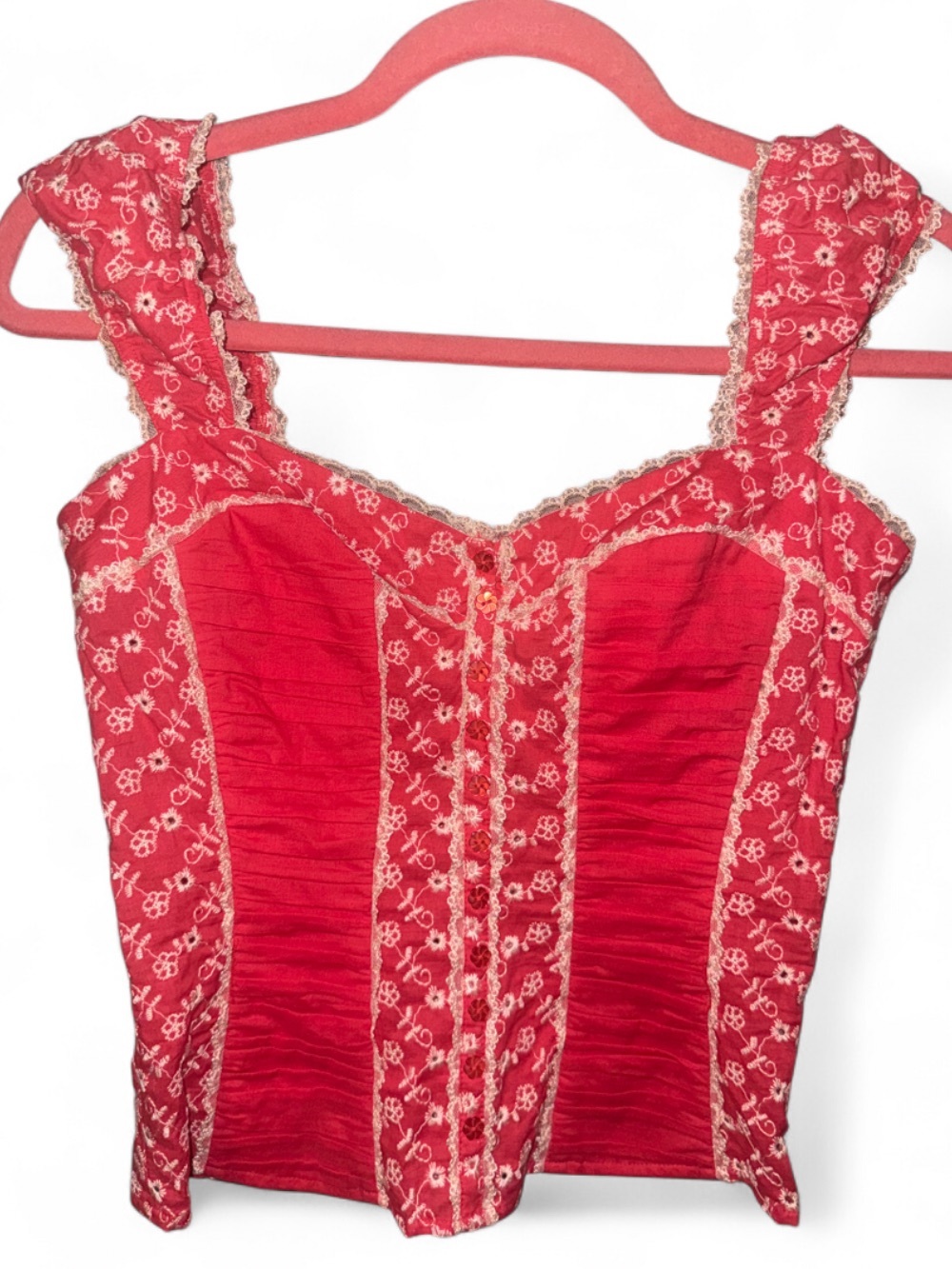 Bebe Vintage Red Corset Top with white floral print and lace trim, size XS